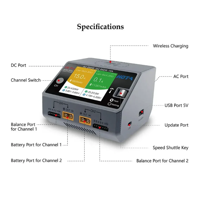 شاحن بطارية لاسلكي ثنائي القنا - مراجعة Hota D6 Pro Dual Lipo Charger وسعره